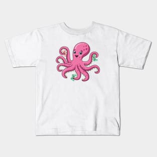 Cute Octopus Gamer With Four Video Game Controllers Kids T-Shirt